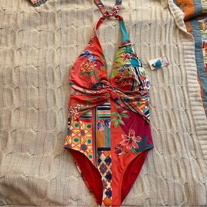 Johnny Was Floral/Geometric Twist One Piece Swimsuit-NWT Size Large